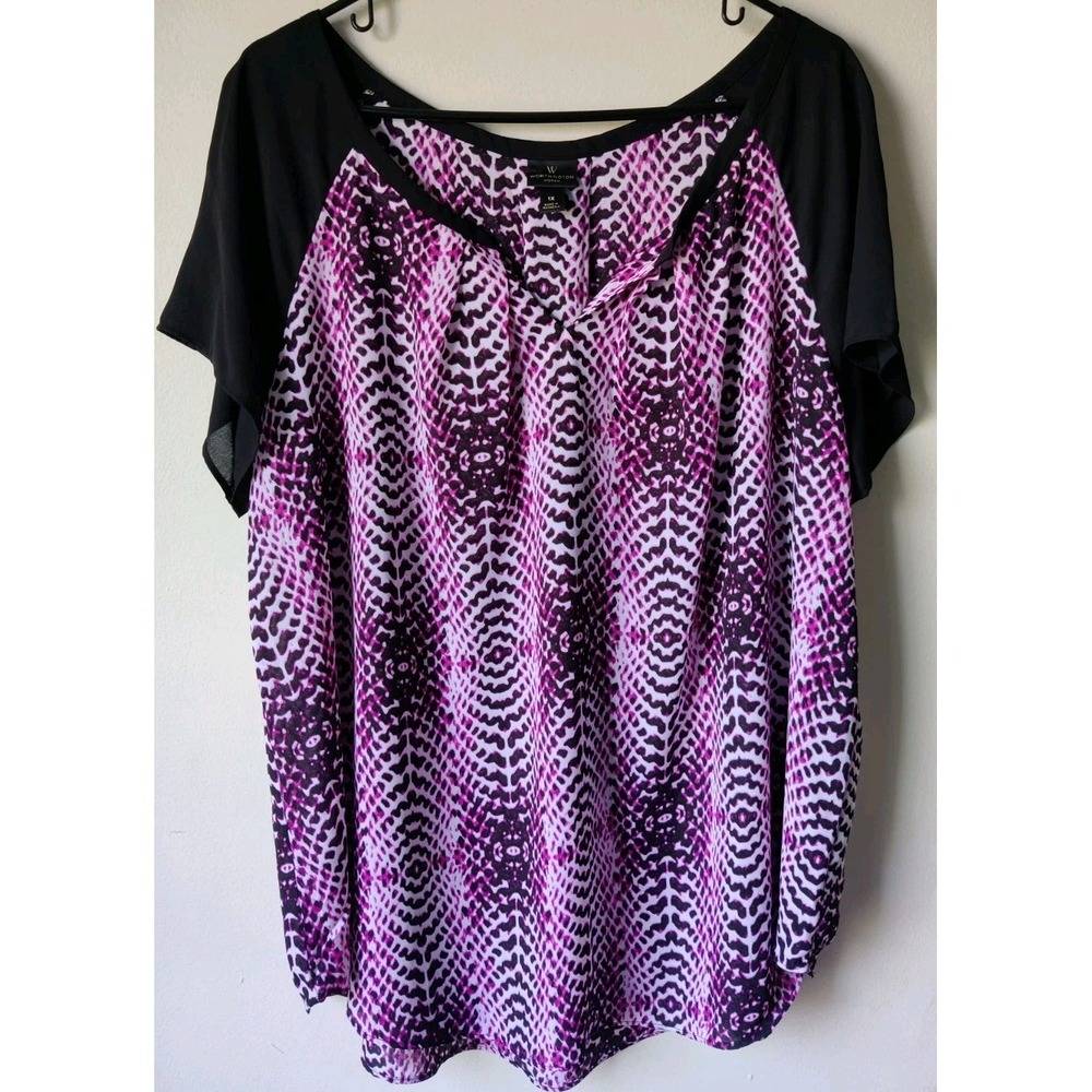 Worthington Womens Plus‎ Purple Blouse Geometric Pattern Short Sleeve Size 1X